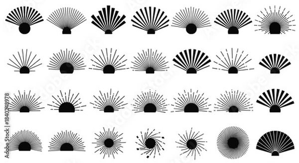 Fototapeta Diverse collection of retro and vintage-inspired sunburst, sunrise, and radial fan line patterns for creative design projects.
