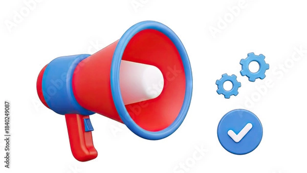 Fototapeta Red and Blue Megaphone with Gears and Checkmark Icon on Transparent Background