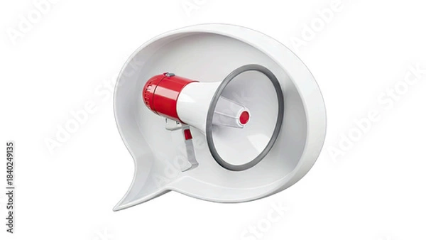 Fototapeta Red and White Megaphone Inside a White Speech Bubble Against a Transparent Background Symbolizing Announcement or Alert