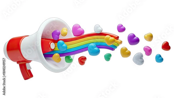 Fototapeta Red and white megaphone projecting a vibrant rainbow stream adorned with colorful heart shapes on a transparent background symbolizing love and joy broadcasting messages of positivity and acceptance