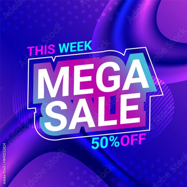 Fototapeta Megasale web banner glow neon design. Marketing promotion ad and liquid gradient background