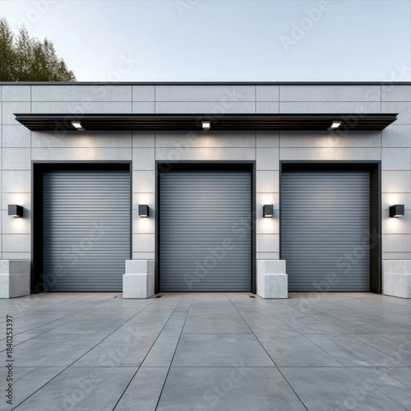Fototapeta Three identical gray roller shutter doors on modern commercial building exterior, clean concrete pavement, minimalistic urban architecture
