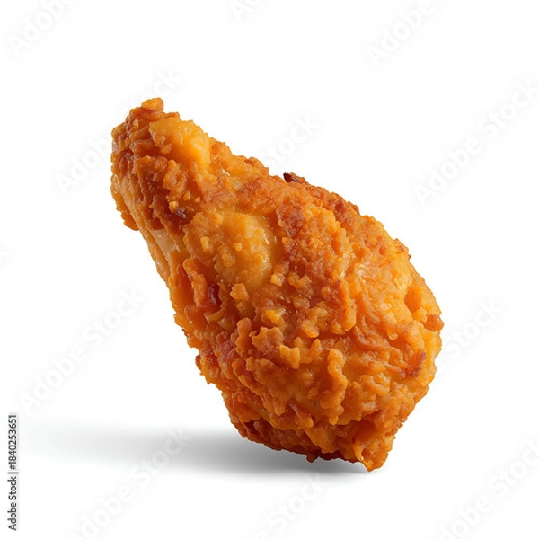 Fototapeta Crispy fried chicken piece with golden crunchy coating, isolated on clean white background.