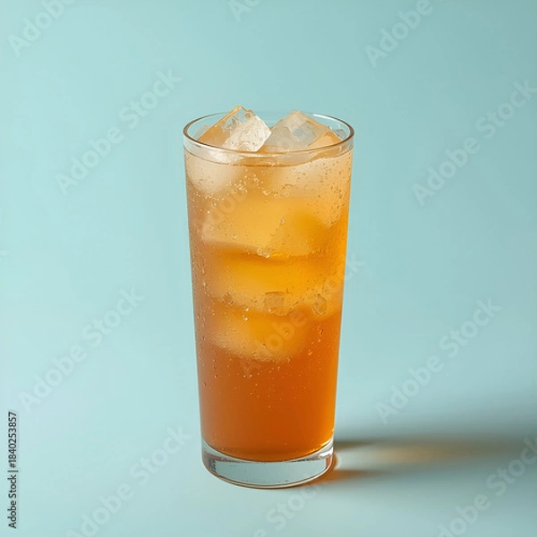 Fototapeta Refreshing orange soda in a tall glass with ice cubes, isolated on solid pastel background.
