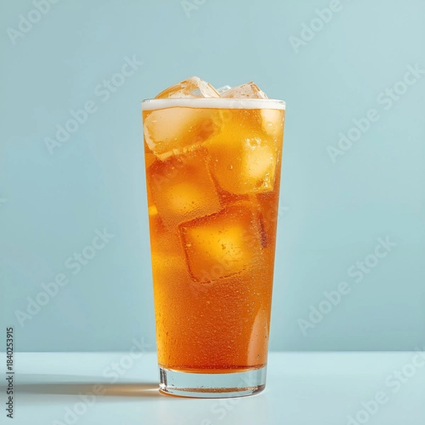 Fototapeta Refreshing orange soda in a tall glass with ice cubes, isolated on solid pastel background.