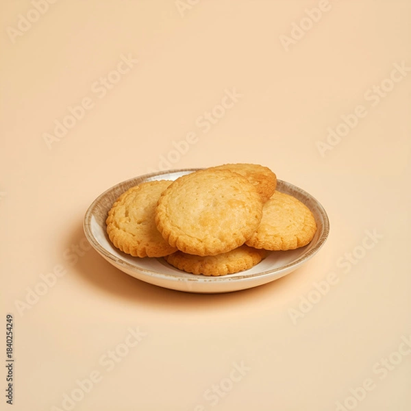 Fototapeta Crispy butter cookies neatly stacked on a small ceramic plate, warm beige background.