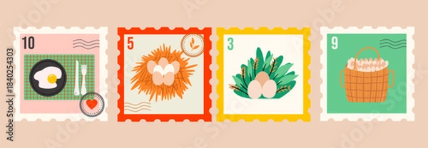 Obraz Stamps with different eggs. Culinary cards. Hand drawn vector design.