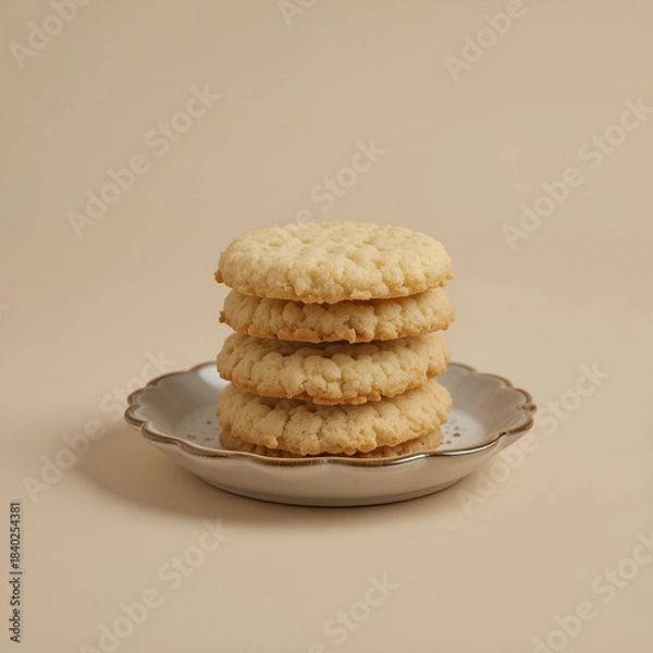 Fototapeta Crispy butter cookies neatly stacked on a small ceramic plate, warm beige background.