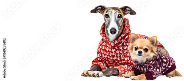 Obraz 2 cute doggy friends in winter hoodies: chihuahua and greyhound / whippet sitting and looking direct with curiosity, isolated over transparent (white) background