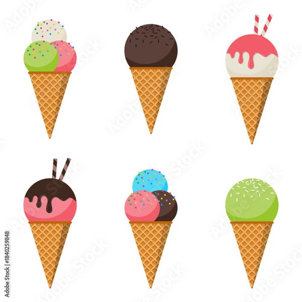 Fototapeta Ice cream set. Set of various ice cream. Colorful ice cream cones. Sweet ice cream. Cartoon cute style. Vector illustration