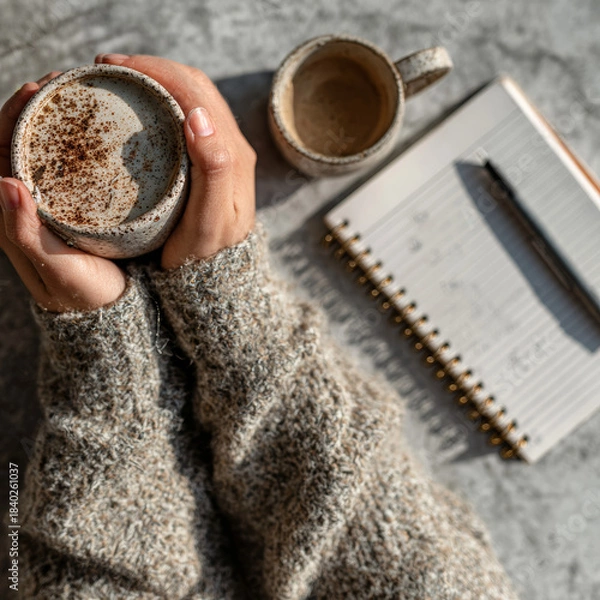 Fototapeta Cozy Morning Productivity: Hands Holding Coffee, Notebook, and Pen on Gray Concrete Table