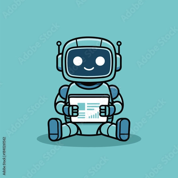 Fototapeta Cute Robot Analyzing Data on Tablet.