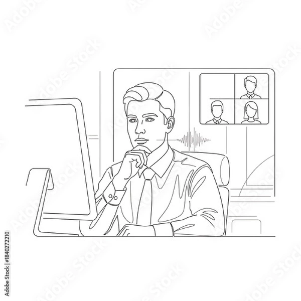 Obraz Concentrated Professional in Virtual Meeting, Contemplative Expression.