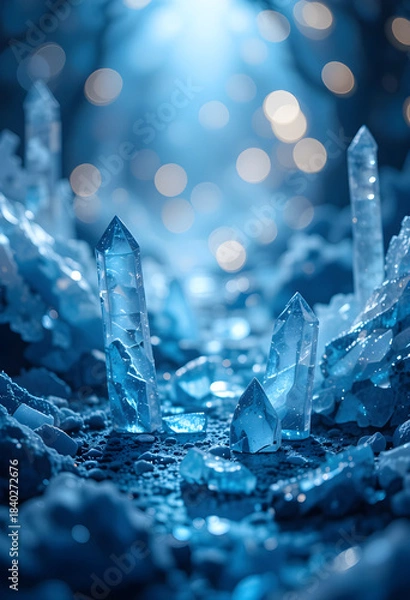 Fototapeta Blue watercolor gradient with crystalline reflections blurred glowing bokeh lights and textured icy mosaic feel