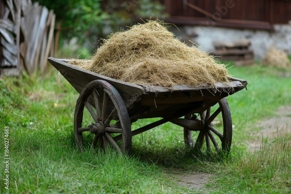 Obraz An old wooden cart piled high with hay rests on a grassy lawn, surrounded by lush greenery and a rustic wooden shed in the background