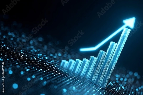 Fototapeta Glowing blue graph arrow pointing up, symbolizing growth and success