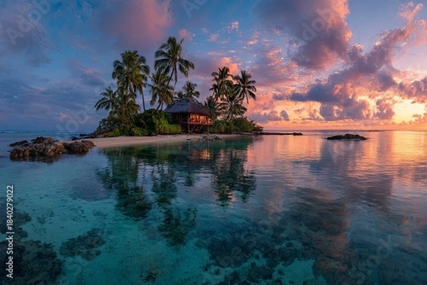 Fototapeta Amazing tropical island paradise with palm trees and crystal-clear waters at sunset