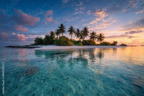 Fototapeta Panoramic view of an amazing island in the Maldives at sunset