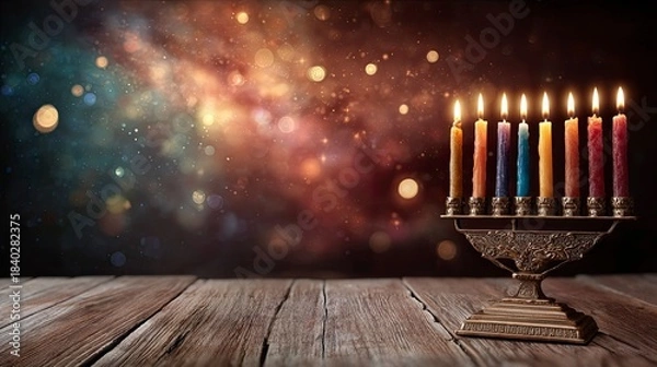 Fototapeta Vibrant Hanukkah menorah on rustic wood with colorful nebula background