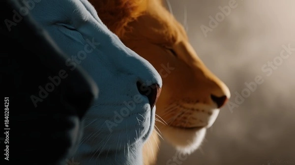 Obraz A striking piece showing three lions with varying shades, enhancing their majestic profiles while conveying symbolism and unity, highlighting the artistic portrayal of the powerful creatures.