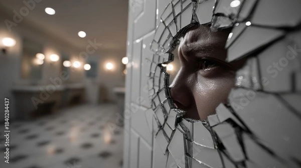 Obraz A striking close-up of a person's tearful face visible through a shattered mirror, symbolizing vulnerability, self-reflection, and emotional turmoil in an intimate environment.