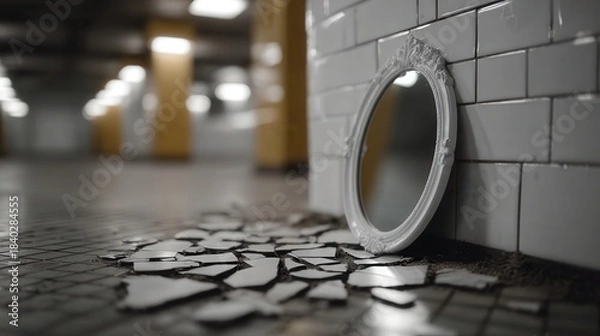 Obraz A haunting image of a broken mirror lying on the dirty floor of a deserted subway station, reflecting themes of loss, isolation, and the passage of time in an urban setting.