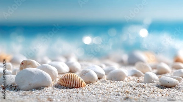 Fototapeta Serene beach scene with white stones and seashells on sandy shore