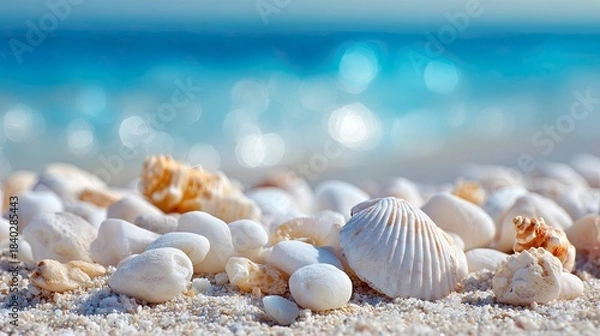 Fototapeta Serene beach sand with white stones and seashells by ocean