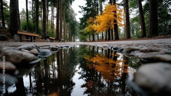 Obraz A picturesque autumn scene displaying trees alongside a gravel path, with colorful reflections shimmering on a nearby pond, embodying the beauty and stillness of nature's seasonal changes.