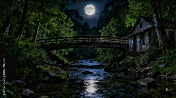 Fototapeta Forest river flow under the bridge with moonlight 