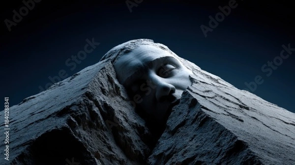 Obraz An artistic stone sculpture of a face appears half-embedded in mountain rock, conveying themes of struggle and tranquility while showcasing the beauty of stone artistry.