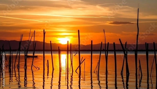 Obraz Sunset over a still lake with weathered posts