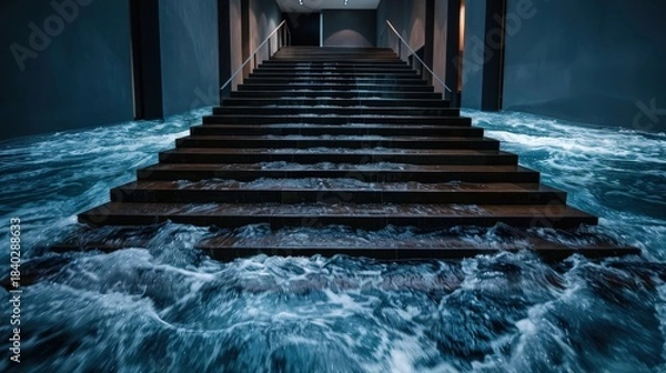 Obraz A staircase submerged in water creates a dramatic and surreal scene, evoking emotions of calmness and the overwhelming power of nature while sparking curiosity in viewers.