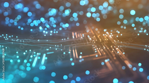 Fototapeta Digital Network: An abstract view of the intricate network of digital pathways and connections within the circuit board, with particles creating a dynamic illustration of interconnectedness.