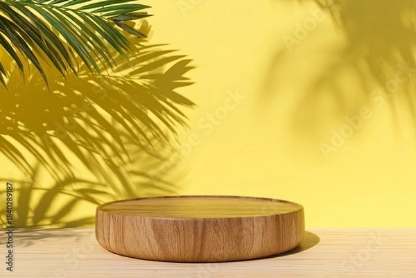 Fototapeta Professional podium for product display on wooden table with tropical background