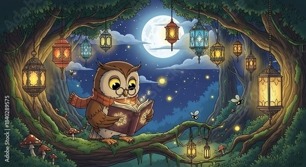 Obraz Enchanted Forest Owl Reader - A Whimsical Nighttime Adventure.