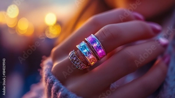 Obraz This beautiful image displays a hand adorned with sparkling rings capturing the enchanting glow of dusk, symbolizing elegance and the timeless nature of adornment and style.
