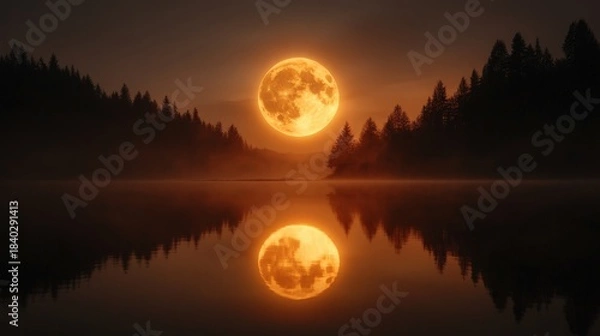 Obraz This enchanting landscape features a glowing moon rising over a misty lake, creating a magical atmosphere that symbolizes tranquility, beauty, and the captivating allure of nature.
