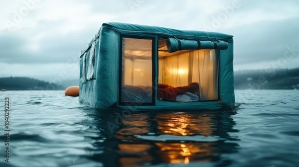 Obraz A unique floating cabin on serene waters at dusk, illuminated from within, providing a cozy and captivating living experience amidst nature, reflecting modern exploration in harmony with the environm