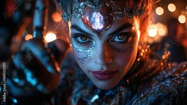 Obraz A stunning close-up of a character showcasing elaborate mystical makeup and vibrant eye color, eliciting a sense of wonder, beauty, and intrigue, ideal for fantasy-themed artistic projects.