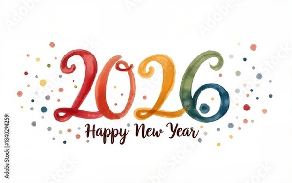 Fototapeta Colorful Happy New Year 2026 Calligraphy Elegant Script on White Background with Subtle Watercolor Accents Modern Greeting. High quality