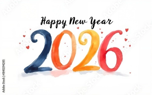 Fototapeta Colorful Happy New Year 2026 Calligraphy Elegant Script on White Background with Subtle Watercolor Accents Modern Greeting. High quality