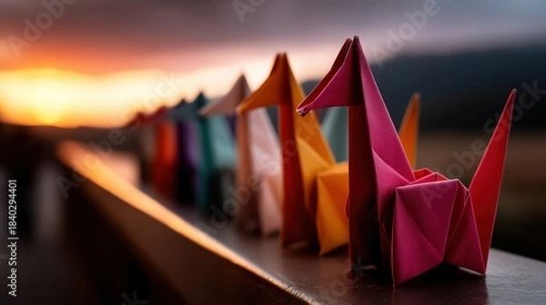 Obraz A detailed close-up view of origami cranes in bright hues captures their intricate folds and delicate design, set against a soft, serene backdrop, emphasizing the beauty of handmade art.