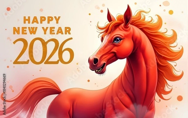 Fototapeta Festive Happy New Year 2026 greeting card featuring a red fire horse in vibrant watercolor style. Elegant golden text and abstract painted background. Ideal for Chinese zodiac or holiday design.