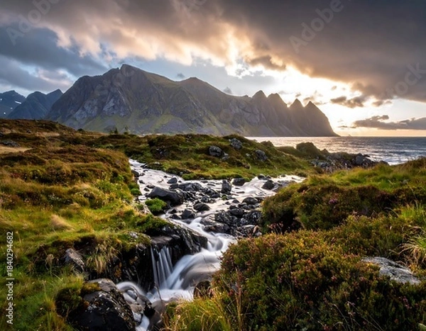 Obraz Stunning sunset over a mountain stream