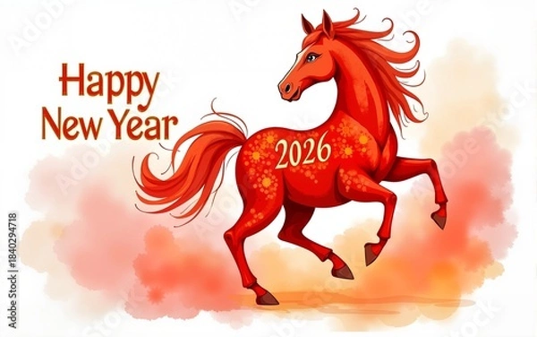 Fototapeta Festive Happy New Year 2026 greeting card featuring a red fire horse in vibrant watercolor style. Elegant golden text and abstract painted background. Ideal for Chinese zodiac or holiday design.