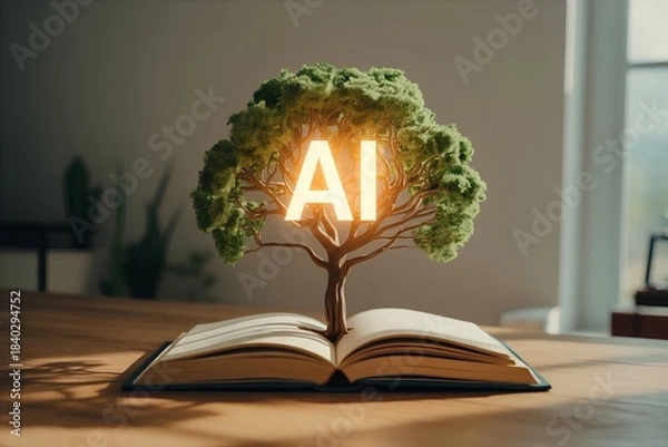 Fototapeta Nurturing ai growth for sustainability, illustrated by a tree growing from book, symbolizing knowledge cultivation and green innovation