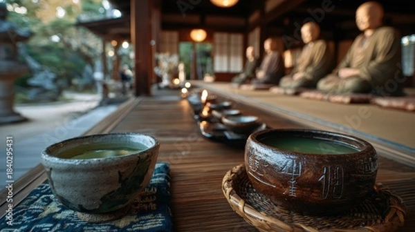 Obraz A serene image captures a traditional Japanese tea ceremony setting featuring monks, tea bowls, and an atmosphere promoting tranquility, mindfulness, and harmony, rich in cultural essence.