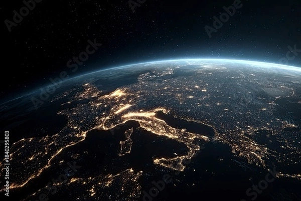 Fototapeta the earth at night, showing the lights of europe and spain in detail, with a dark sky background and stars on top. space view from orbit. elements illustration, 3d rendering. hd stock photo,