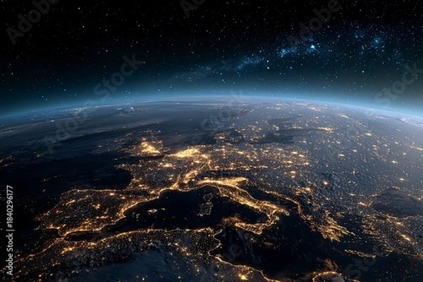 Fototapeta the earth at night, showing the lights of europe and spain in detail, with a dark sky background and stars on top. space view from orbit. elements illustration, 3d rendering. hd stock photo,